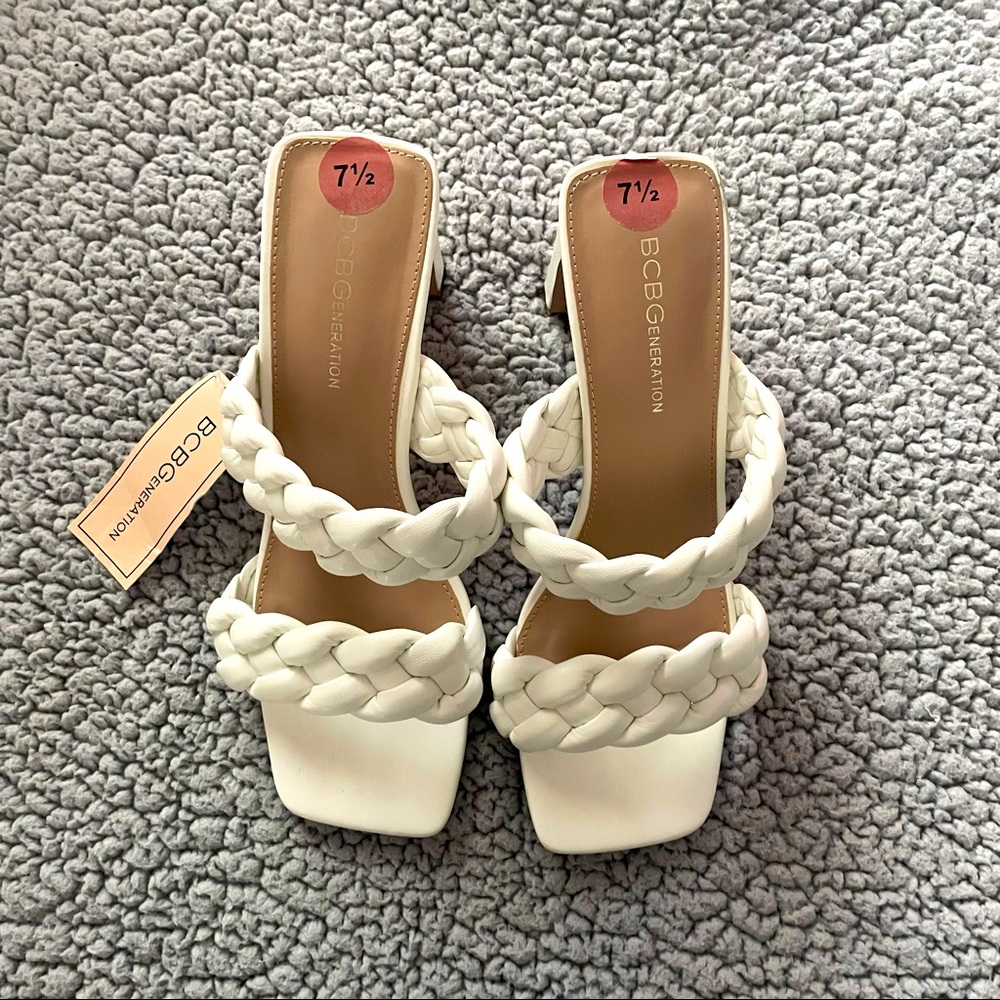 BCBG white mules